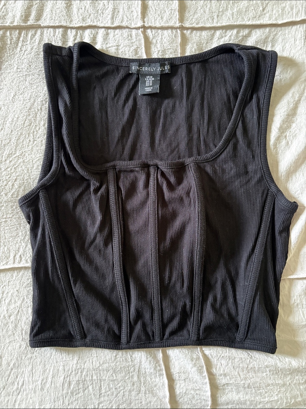 Sincerely Jules Black Ribbed Corset-Style Crop Tank